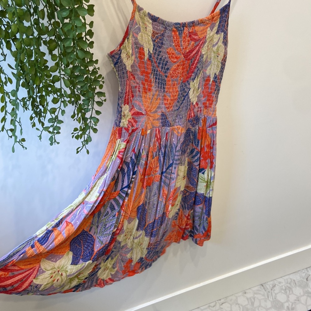 Angie Tropical Floral mini dress (M) purple, oranges, red, pink & blues